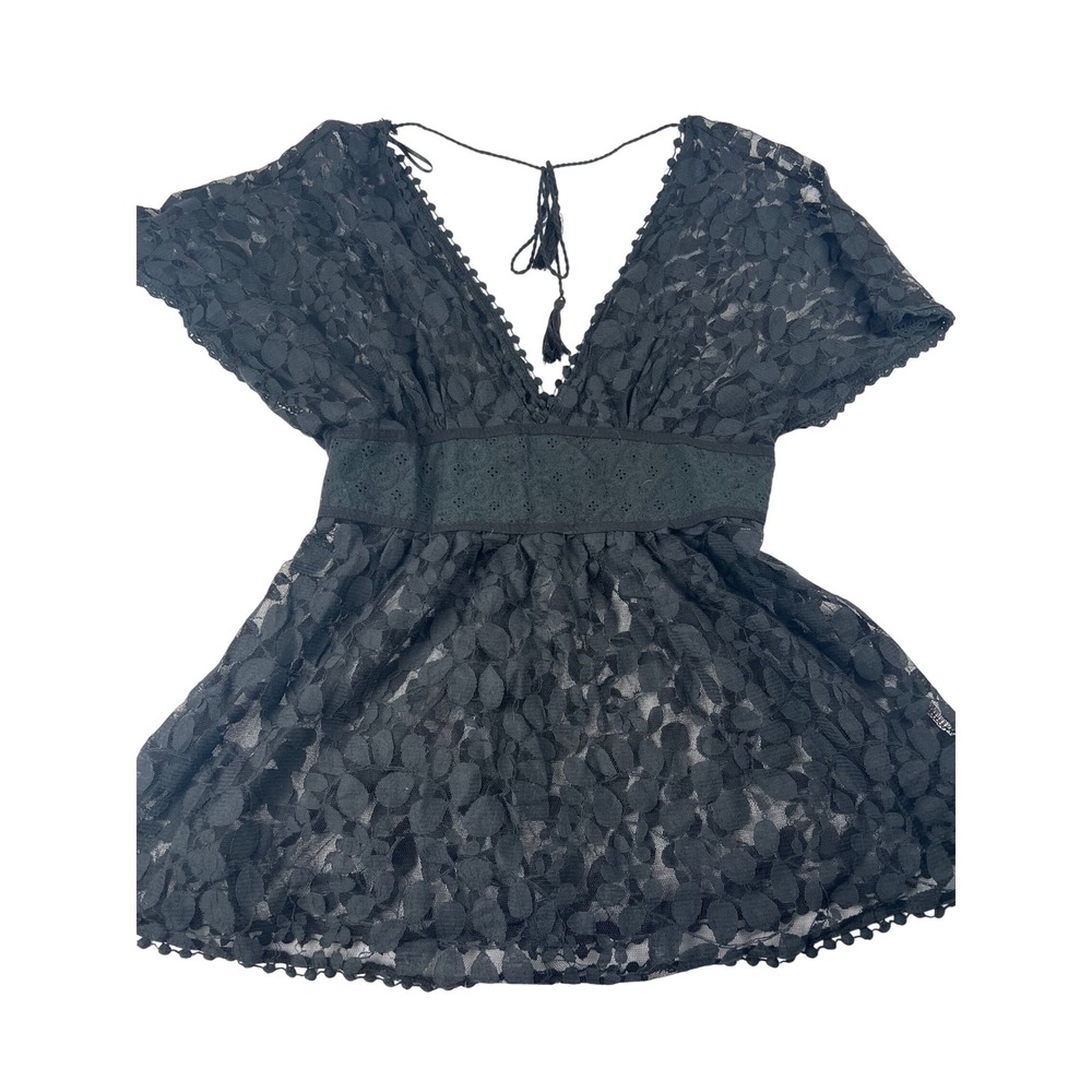 The Hanger Black Lace‎ Sheer Empire Waist Tunic Top V-Neck Pom Pom Trim Medium